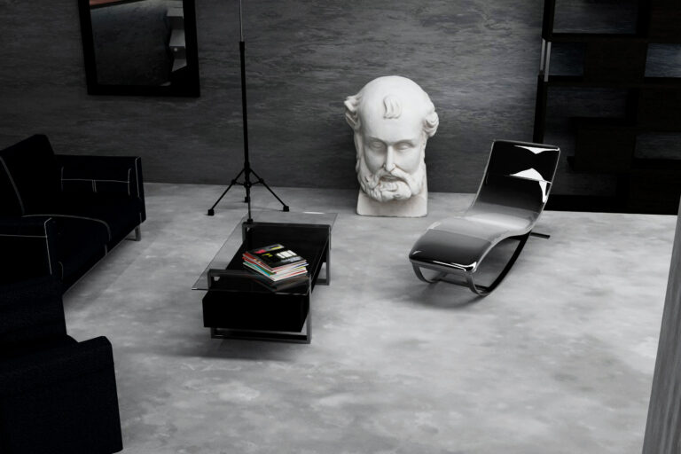 render di un concept multibrand store con interni grigi