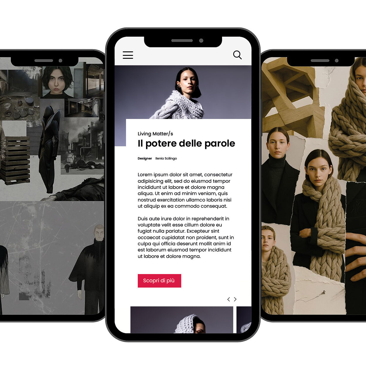 mockup di un telefono con un app con al suo interno una scritta e l'immagine di una modella che indossa un capo in maglia