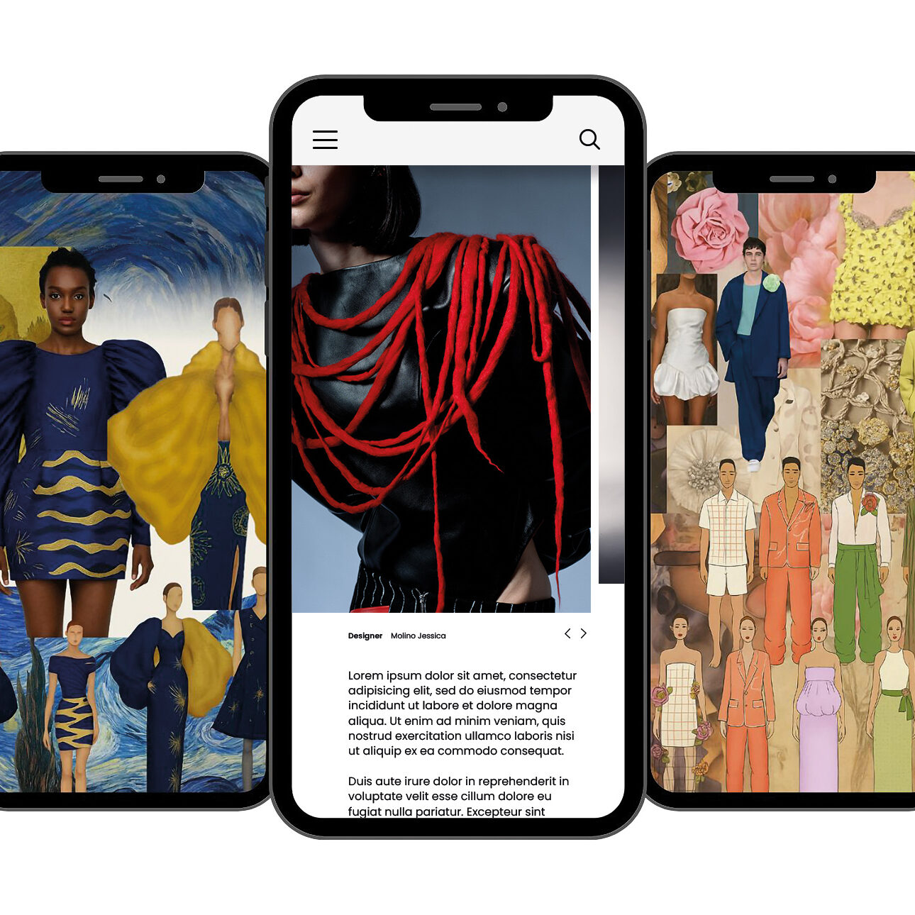 mockup di un app con un telefono e sullo schermo un look su modella con giacca di pelle e cordini di lana rosso che pendono dal collo